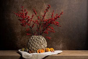 Modern stilleven met rode bessen en gedroogd fruit