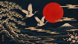 Japanse kraanvogels onder de karmozijnrode zon van my pixel art