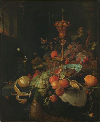 Stilleven met vruchten en bokaal op hanenpoot, Abraham Mignon