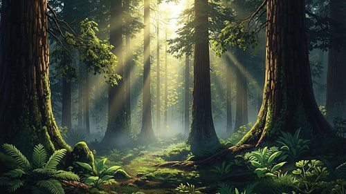 Betoverd bos met gouden zonlicht