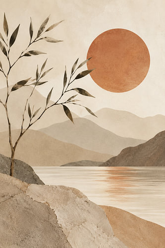 Japans berglandschap met roestkleurige zon