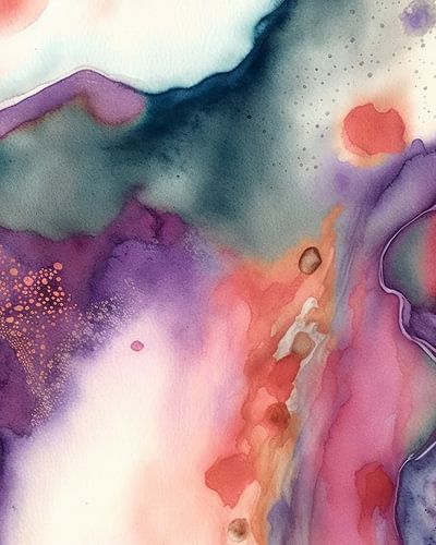 Modernes abstraktes Aquarell in Orange, Lila und Grün