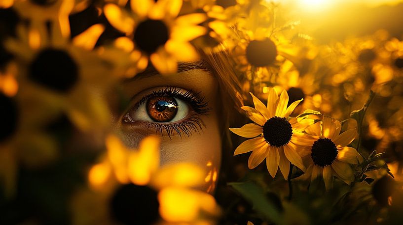"Bruine ogen tussen zonnebloemen" van Esther Sigger