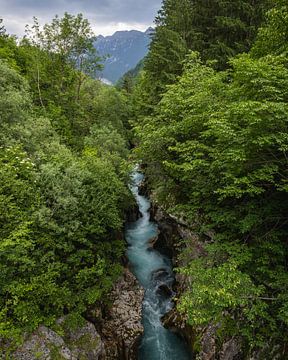 De Soča rivier stroomt vanuit de bergen door een smalle kloof met fris groen op de oevers. van OCEANVOLTA