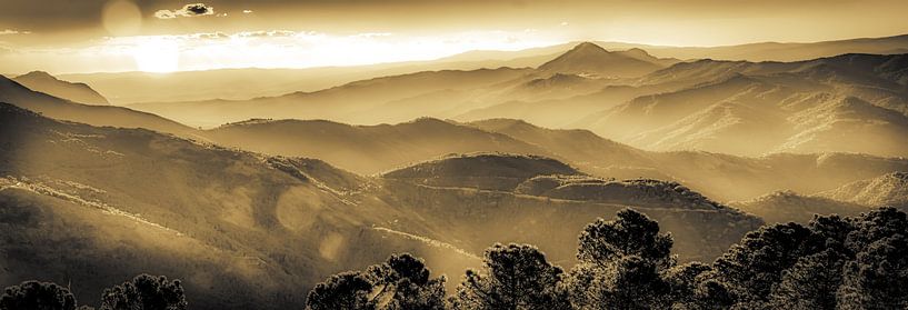 Panorama bergketen Sierra de Grazalema met mist nabij Ronda Andalucia Spanje van Dieter Walther