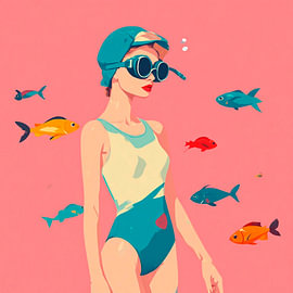 Eine Modeillustration einer jungen Frau mit Badekappe, Badeanzug und Taucherbrille.