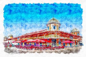 Aquarell der berühmten Markthalle in Olhão (Algarve, Portugal)