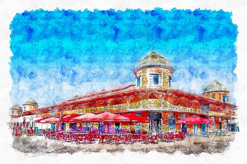 Aquarel van de beroemde markthal in Olhão (Algarve, Portugal) van Art by Jeronimo