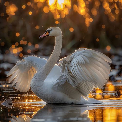Un élégant cygne déployant ses ailes dans la lumière dorée