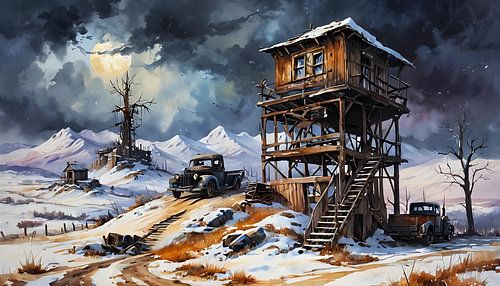 mysterious tower-like building in the wild west, steampunk