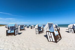weiß-braune Strandkörbe am Strand in Prerow