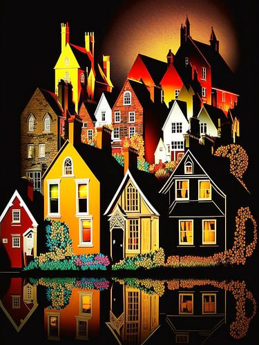 Pittoresk stadsgezicht huizen nacht water reflectie