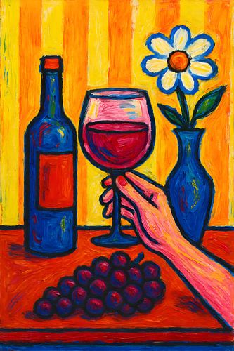 Wine with bottle, grapes and flower painting. by Johannes