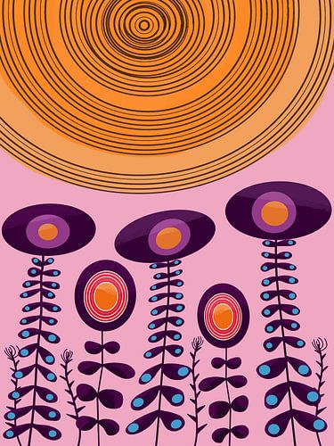 Bloemenweide met roze lucht