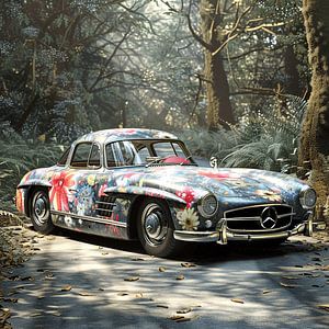 Mercedes Benz 300 SL Hippie Blumen Oldtimer Wald Eleganz