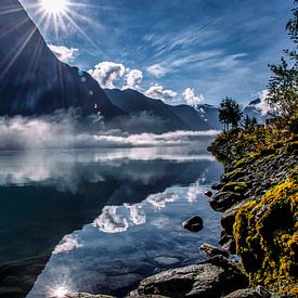 Morgennebel im norwegischen Fjord von Coby Bergsma