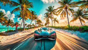 Sportwagen am Strand mit Sonnenuntergang