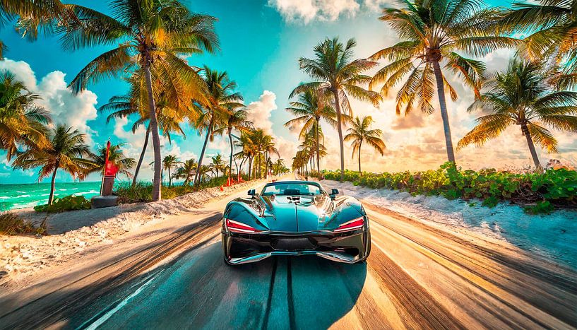 Voiture de sport sur la plage avec coucher de soleil par Mustafa Kurnaz