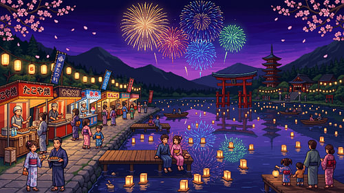 Pixel-Art-Sommerfest im japanischen Stil am Seeufer mit Laternen, Feuerwerk, Yukatas, Imbissständen, Torii-Toren und Kirschblüten