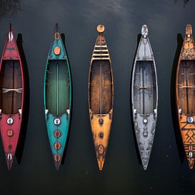 Canoe's in different colours, American native by Bert Meijer