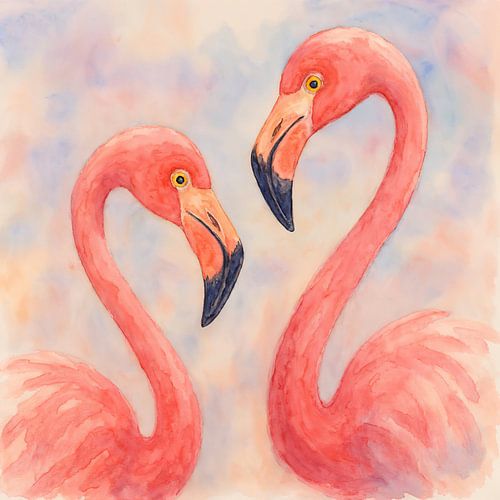 Twee flamingo’s met sierlijke halzen als hartje (AI) (flamingo, roze, pastel, sierlijk, dromerig, zacht, vrouwelijk, schilderij)