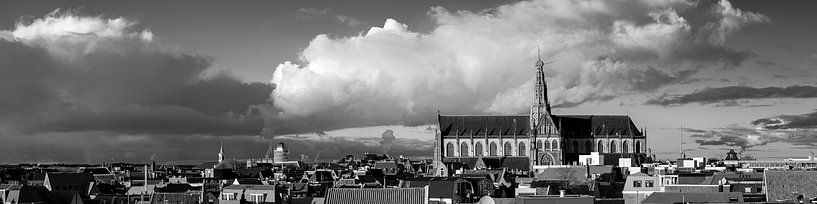 Panorama von Haarlem mit großer Kirche - schwarz und weiß von Arjen Schippers