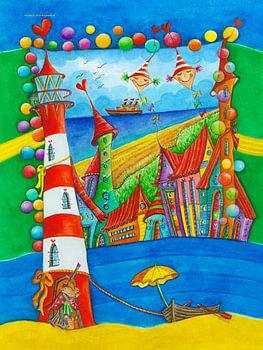 Aquarelle - Amoureux et l'amour - un couple d'amoureux et le phare penché