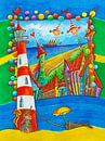 Watercolour - In love and love - a pair of lovers and the leaning lighthouse by Sonja Mengkowski thumbnail