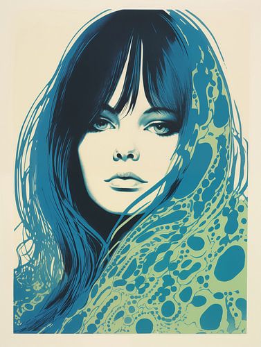 Portrait Rétro Beauté en bleu et vert