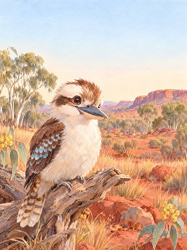 Kookaburra im roten Outback – Eukalyptus Aquarell