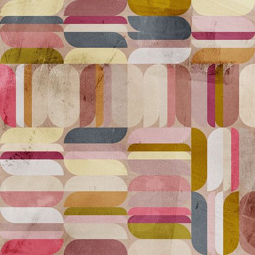 Abstracte geometrische kunst in retrostijl. Paars, oker, roze, wit, blauw.