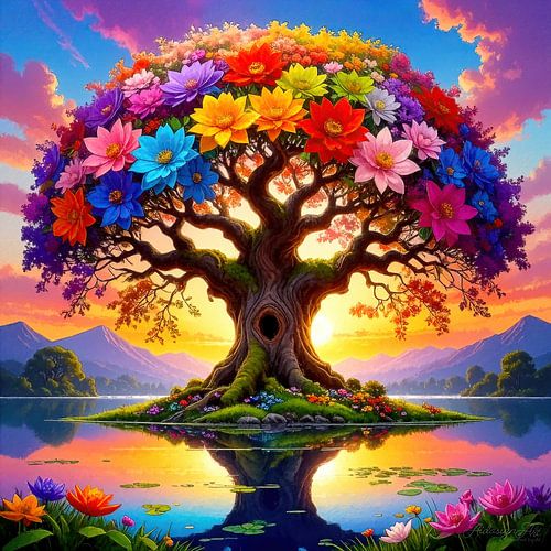 Arbre de vie - Arbre de vie avec une couronne lumineuse, des branches largement ramifiées et une plante enracinée comme miroir du temps et de l'harmonie silencieuse entre racines, couronne et fleurs.