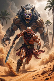 Dark Fantasy Art Wandbild: LYKORAX – Ein Krieger flüchtet vor einem Werwolf von INFERAURUM - Dark Fantasy Wall Art