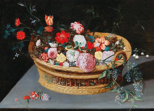 Een mand met lentebloemen op een stenen tafel, Jan Brueghel de Jonge
