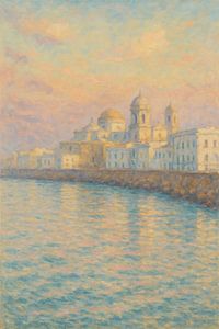 Sonnenuntergang an der Küste der Kathedrale von Cádiz – Impressionistische Meereslandschaft der alten Hafenstadt