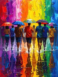 Im Strom des Regens und der Regenbogenfarben: Eine stille Prozession von Menschen unter Schirmen, vereint in Bewegung, Reflexion und der Vielfalt der LGBTQIA+-Community von AidasignArt