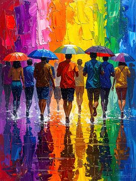 Im Strom des Regens und der Regenbogenfarben: Eine stille Prozession von Menschen unter Schirmen, vereint in Bewegung, Reflexion und der Vielfalt der LGBTQIA+-Community von AidasignArt