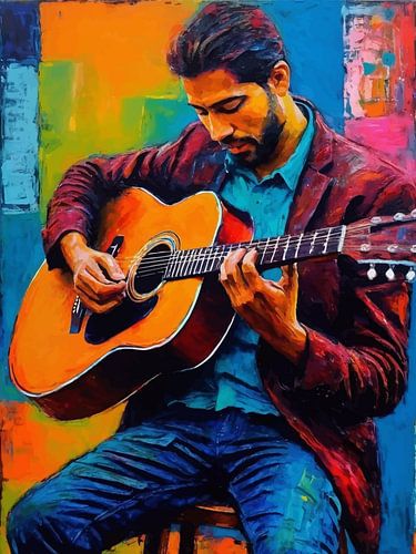 Gitaarspelende man in Abstract Vibrant 2