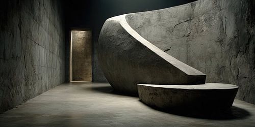 Gebogen betonnen sculptuur in een rustige ruimte