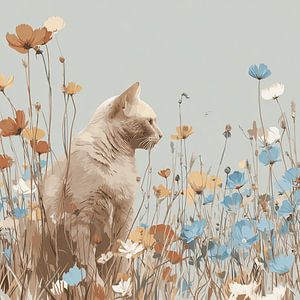 Zwischen den Blumen | Sommerliches Katzenporträt in Blau, Ockergold und Creme