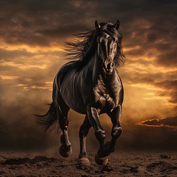 Galopperend paard bij zonsondergang van Koffie Zwart
