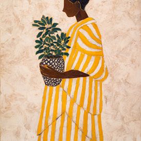 Woman in yellow with plant in ceramic pot by But First Framing