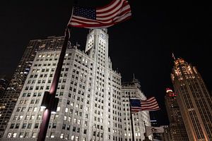 Le Wrigley Building à Chicago avec le drapeau américain de nuit sur Eric van Nieuwland