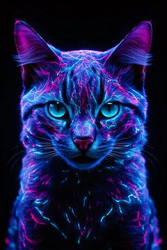 Adembenemend neon kat portret in kleuren van De Muurdecoratie