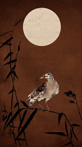 Traditional Japanese print of a bird (Black Horseman) on bamboo, in shades of brown