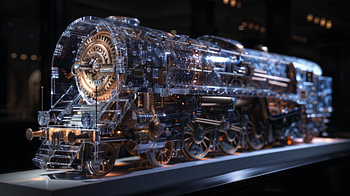 Mechanische Glans: Transparante Stoomlocomotief in Lijnkunst