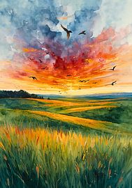 Des oiseaux survolant un paysage au coucher du soleil sur BRZ999