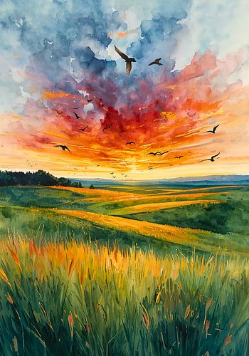 Des oiseaux survolant un paysage au coucher du soleil