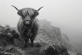 Scottish Highland cattle Mystical black and white photo art for nature lovers by Poster Art Shop