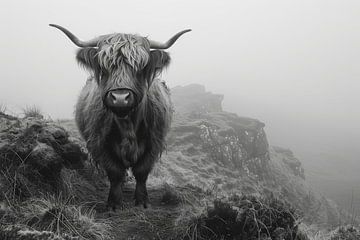 Schottisches Hochlandrind Mystische Schwarz-Weiß Fotokunst für Naturfreunde von Felix Brönnimann